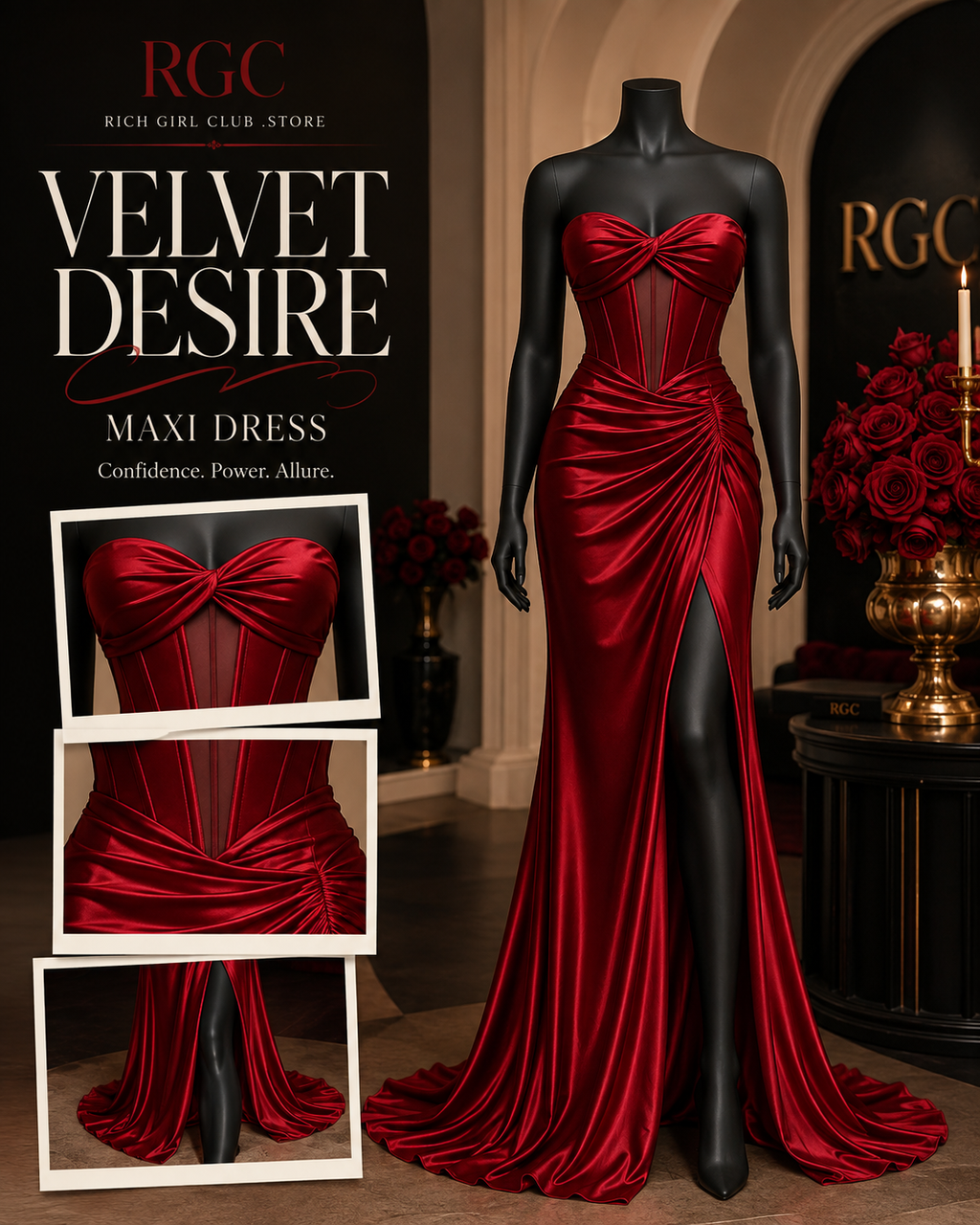 Velvet Desire Maxi Dress RGC mannequin showing satin corset, sheer waist, slit, and train details