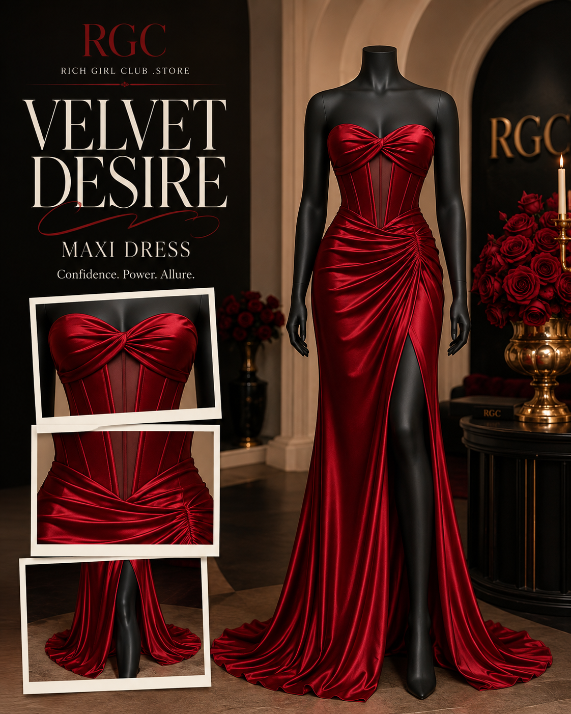Velvet Desire Maxi Dress RGC mannequin showing satin corset, sheer waist, slit, and train details