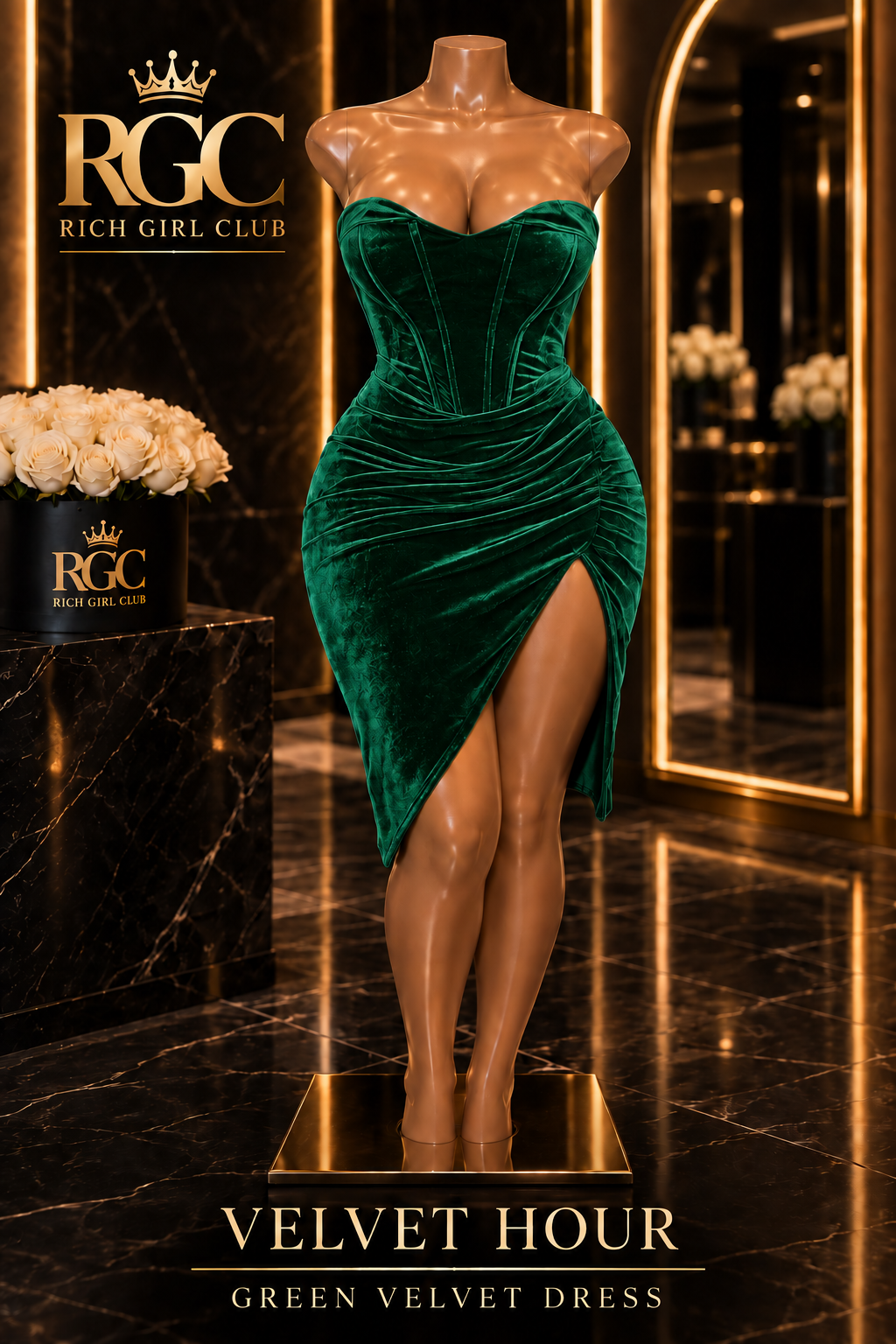 Velvet Hour green corset midi dress displayed on the signature curvy RGC mannequin