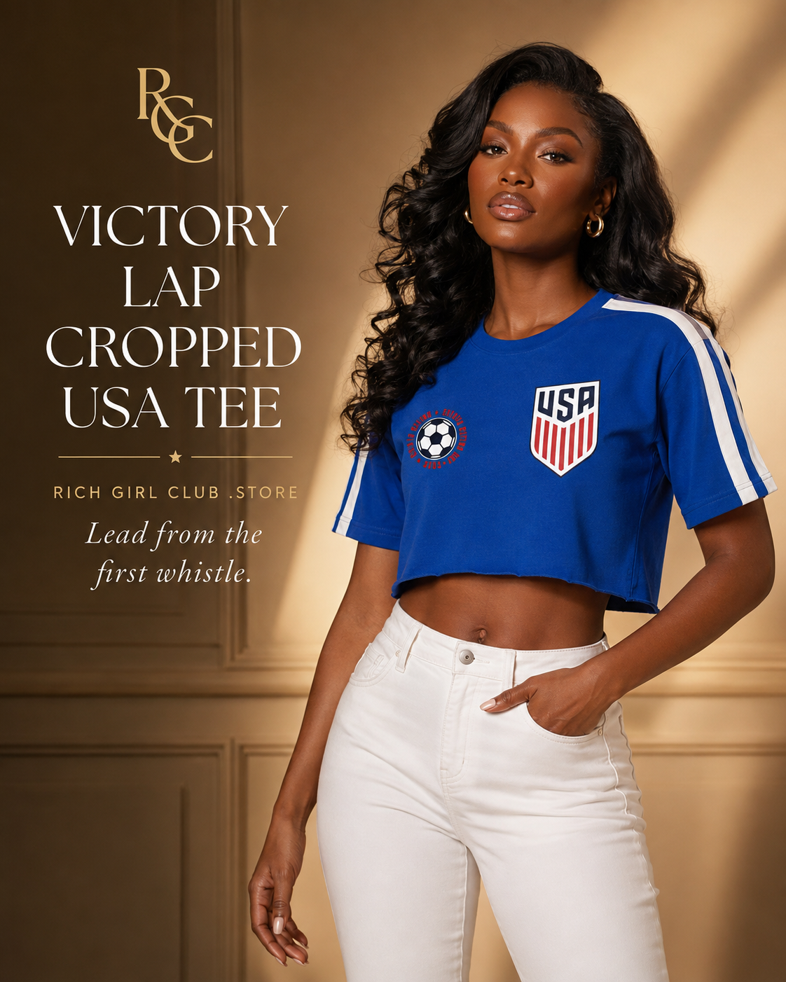 Adult model wearing the royal blue Victory Lap Cropped USA Tee in an RGC campaign, front view