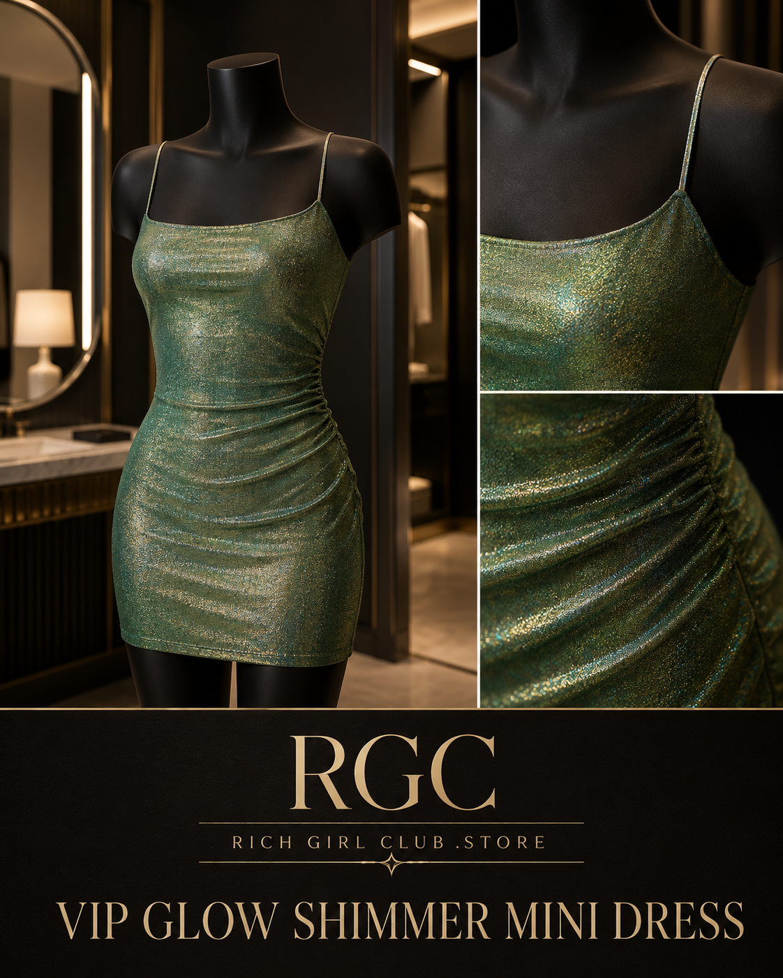 VIP Glow Shimmer Mini Dress mannequin and product detail