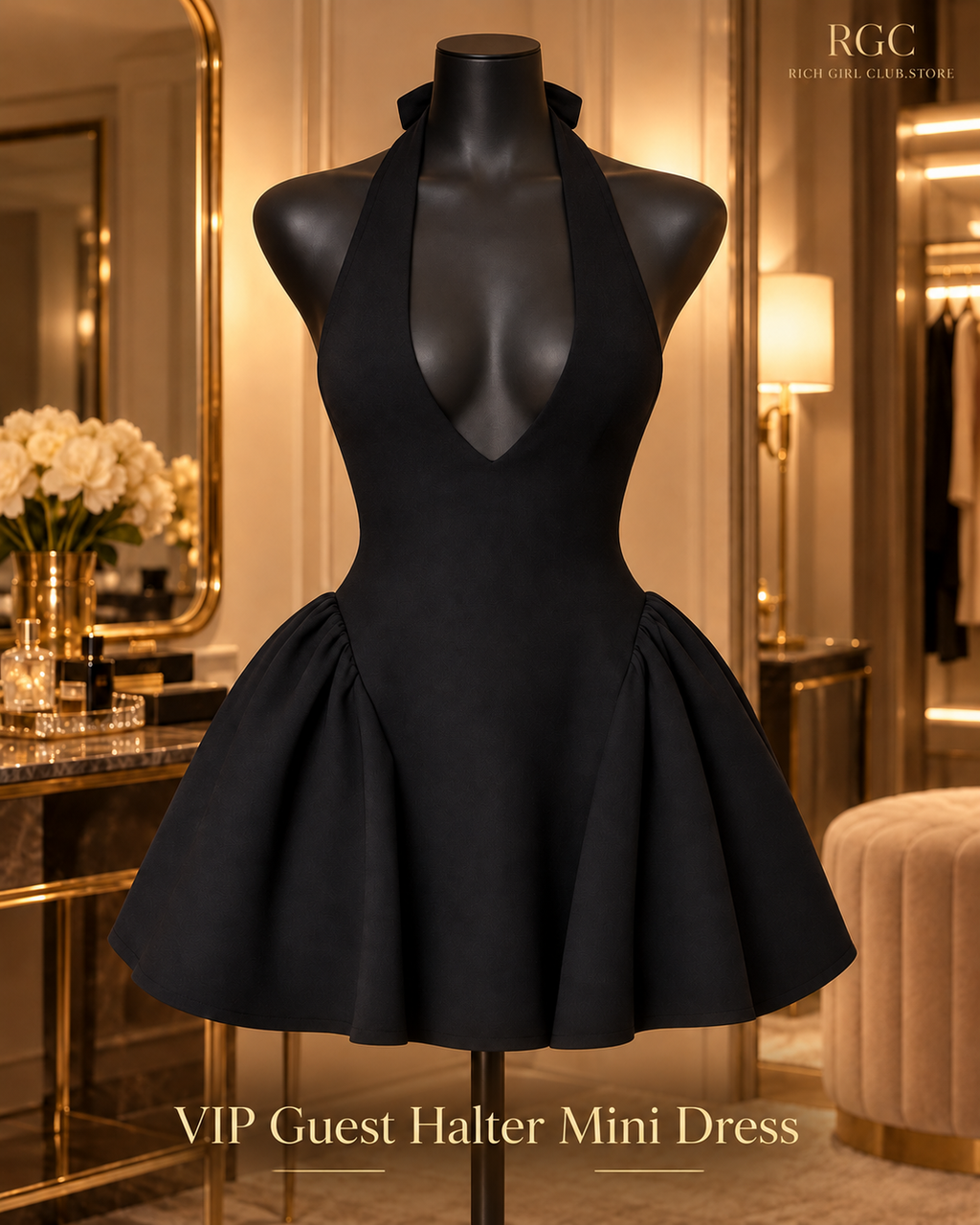 VIP Guest Halter Mini Dress in Black on a mannequin, showing the halter tie, deep-V front, fitted drop-waist bodice, gathered sides, and flared mini skirt. Styled digital visualization; not a physical-sample photograph.