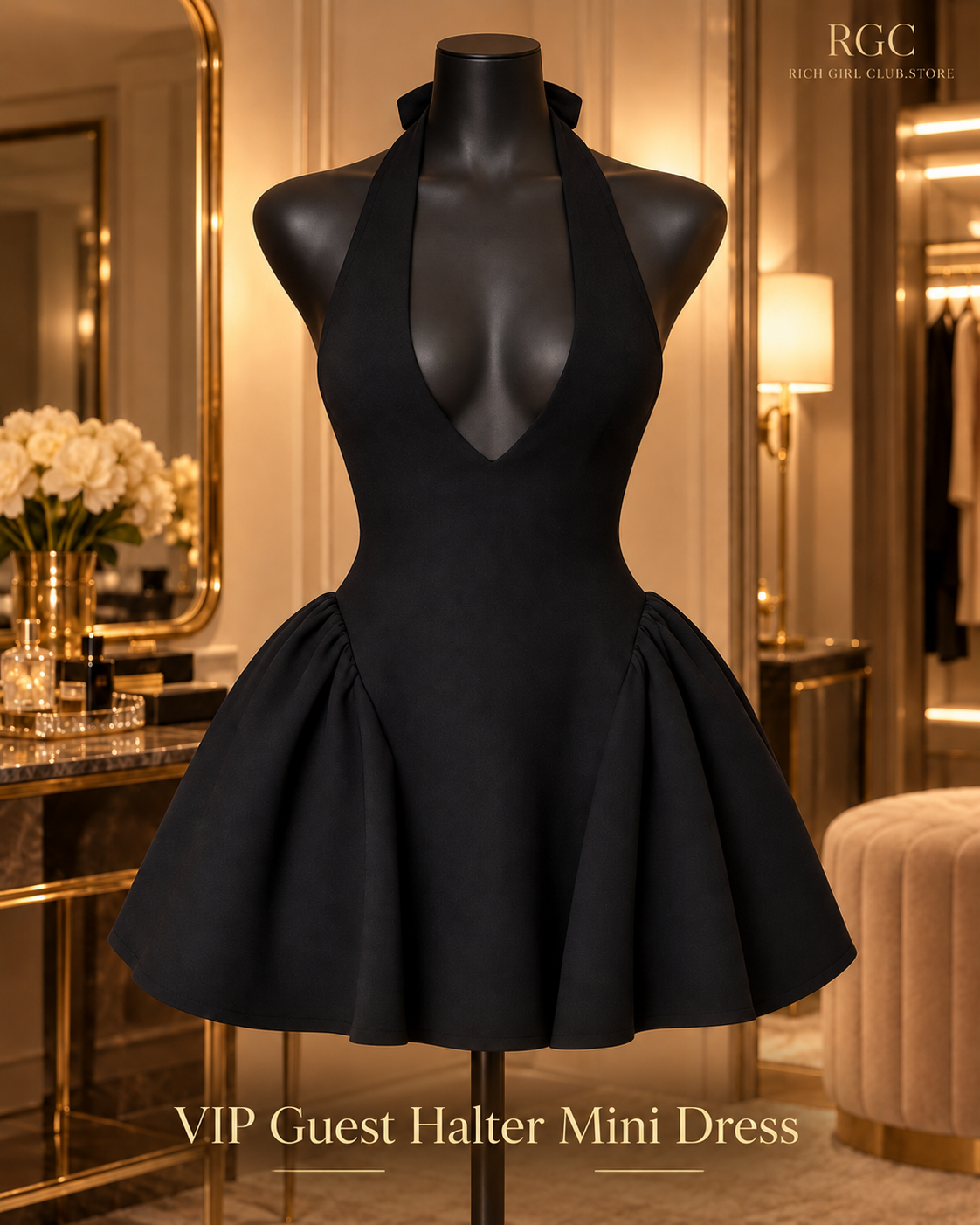 VIP Guest Halter Mini Dress in Black on a mannequin, showing the halter tie, deep-V front, fitted drop-waist bodice, gathered sides, and flared mini skirt. Styled digital visualization; not a physical-sample photograph.