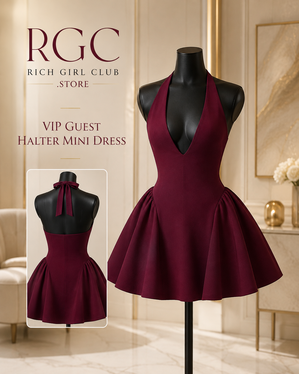 VIP Guest Halter Mini Dress in wine red on a matte-black mannequin with a back-view inset showing the halter tie, open back, fitted bodice, and flared skirt.