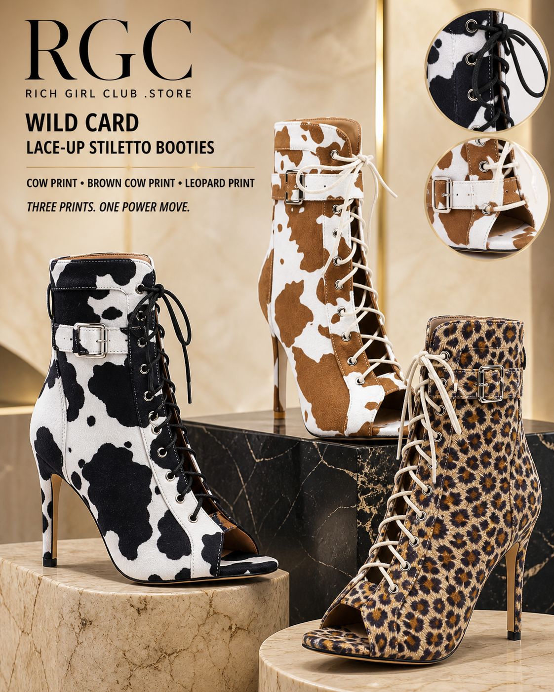Wild Card Lace-Up Stiletto Booties RGC detail showing black-and-white cow print, brown-and-white cow print, and leopard print
