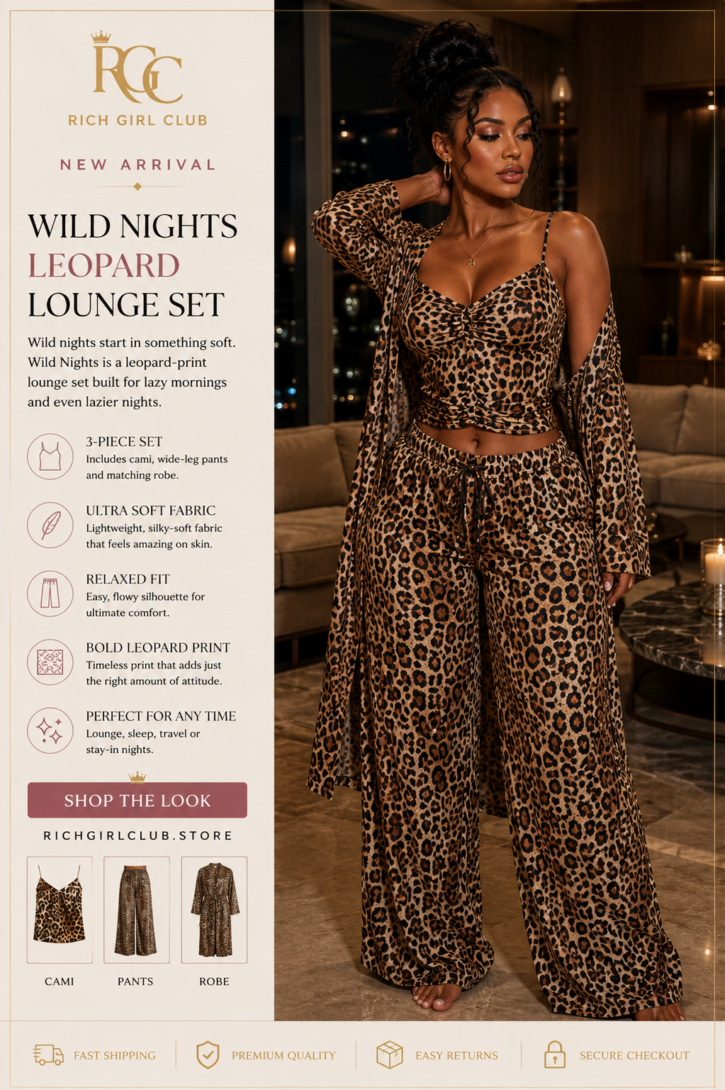 Wild Nights Leopard Lounge Set - New Arrival lifestyle ad photo, 3-piece leopard cami pants and robe