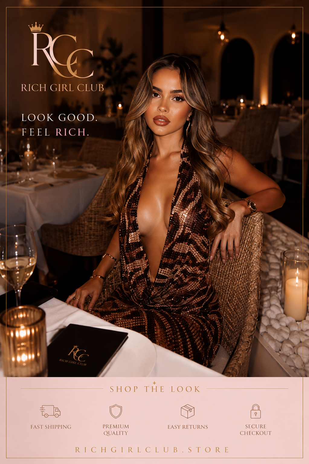 Wild Nights Leopard Maxi Dress lifestyle photo - RGC ad, bronze sequin plunge dress at dinner