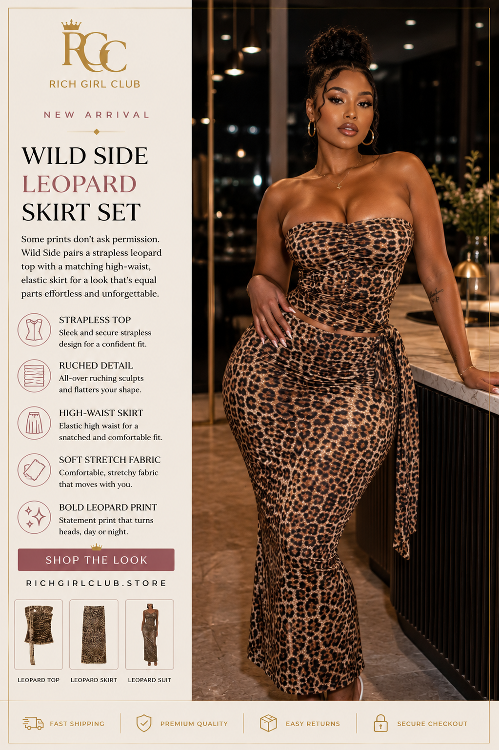 Wild Side Leopard Skirt Set - New Arrival lifestyle ad photo, alternate pose in strapless leopard set