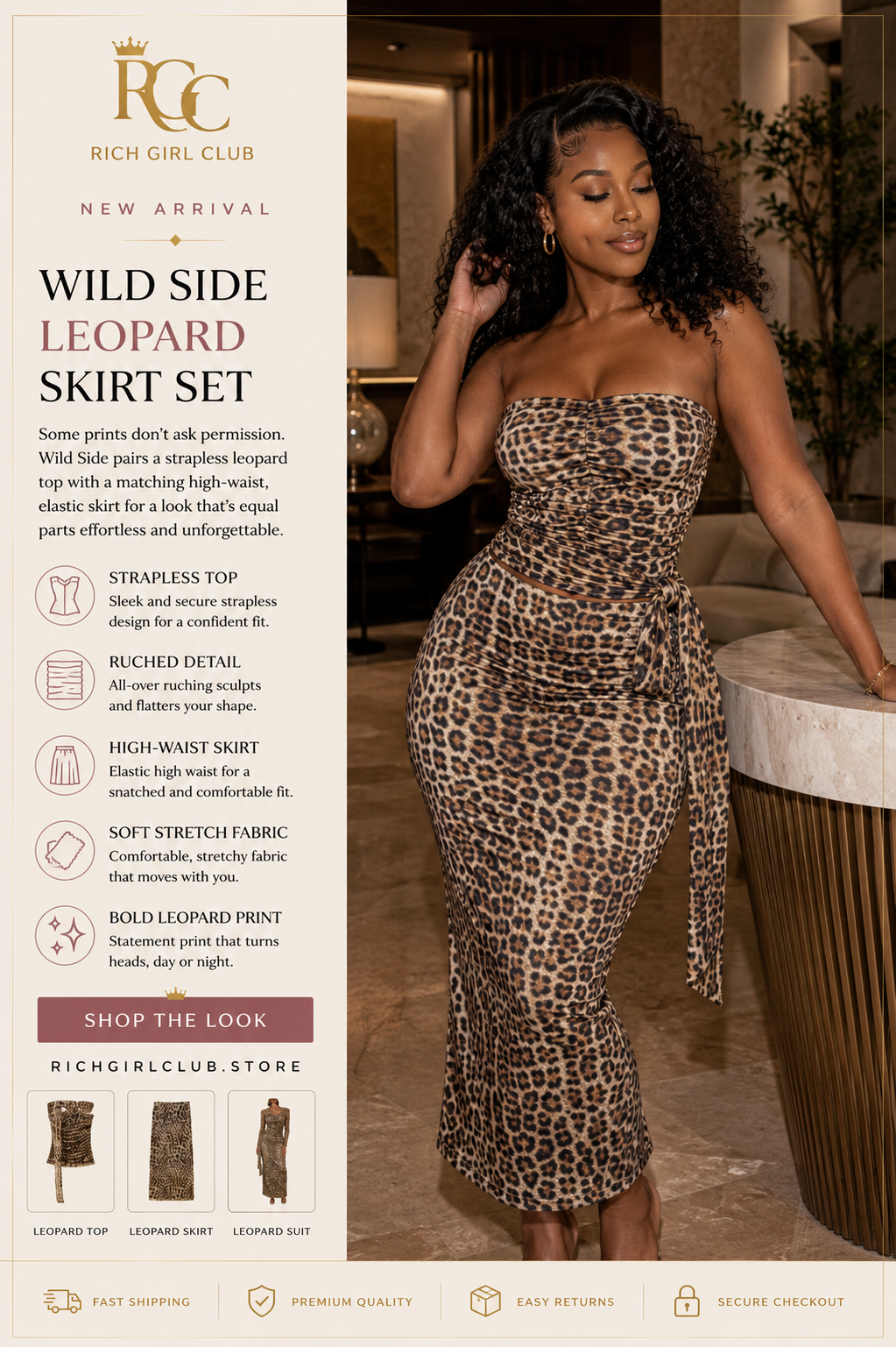 Wild Side Leopard Skirt Set - New Arrival lifestyle ad photo, strapless leopard ruched top and skirt