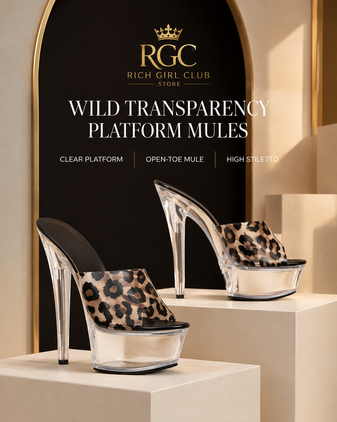 Wild Transparency Platform Mules leopard clear-platform product detail by Rich Girl Club