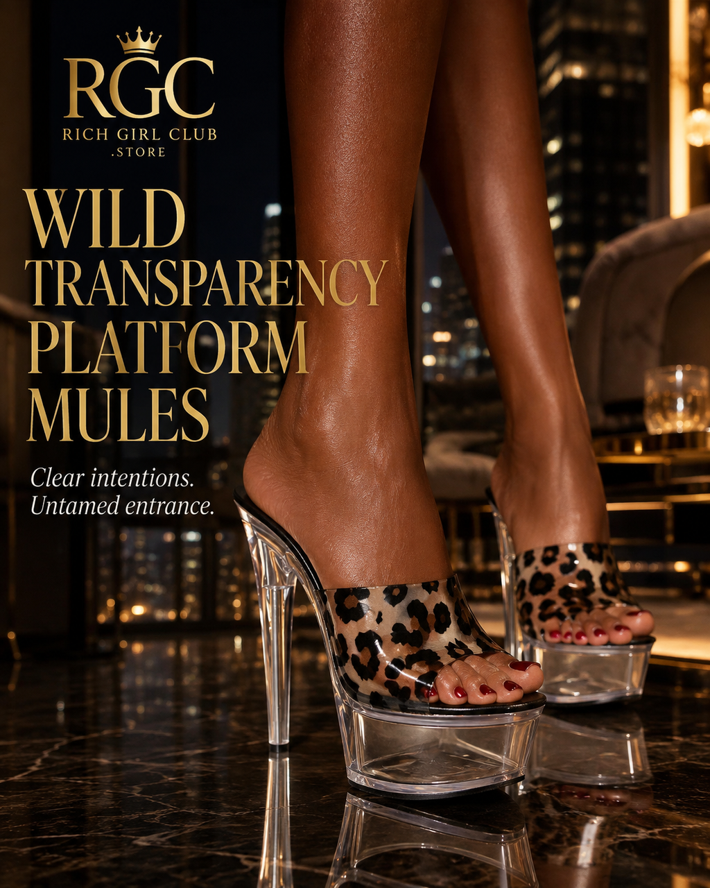 Wild Transparency Platform Mules leopard clear-platform campaign hero by Rich Girl Club