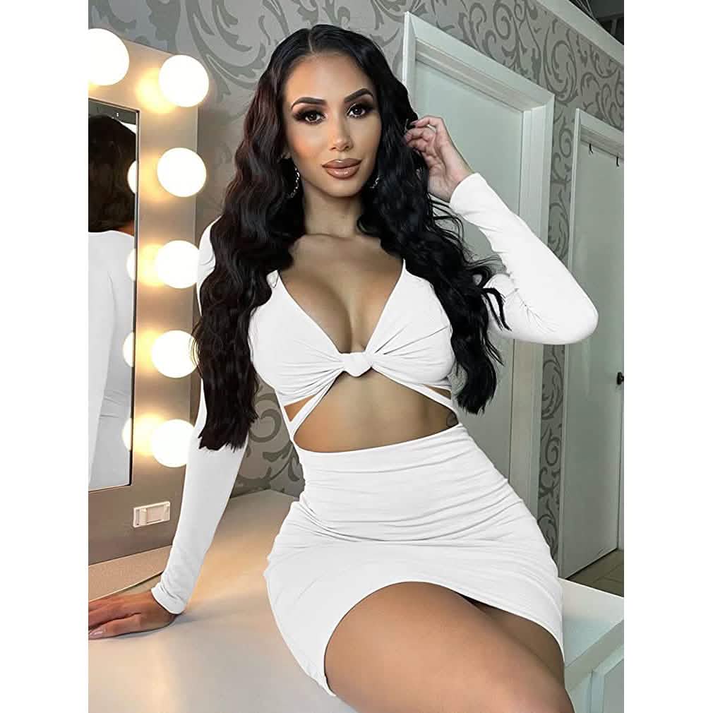 Private Affair white long-sleeve cutout mini dress on a seated model