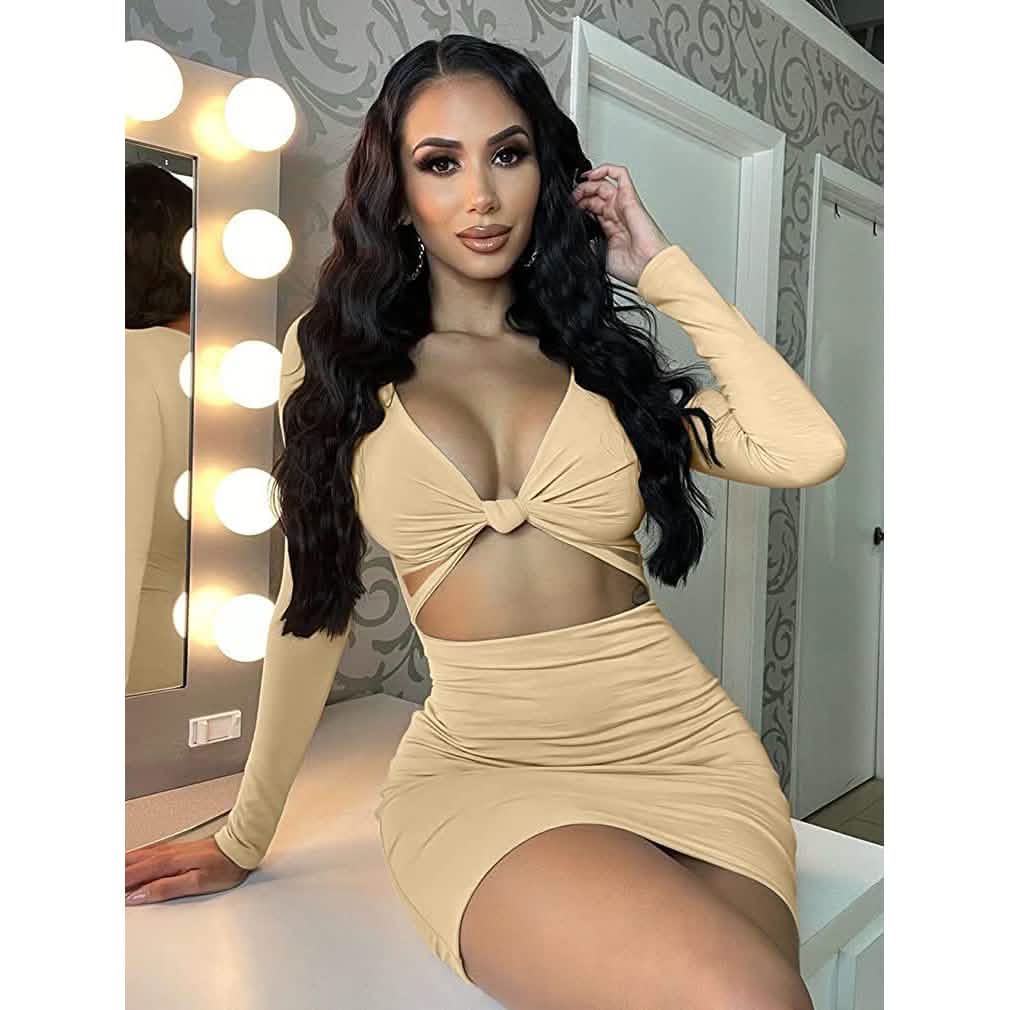 Private Affair khaki long-sleeve cutout mini dress on a seated model