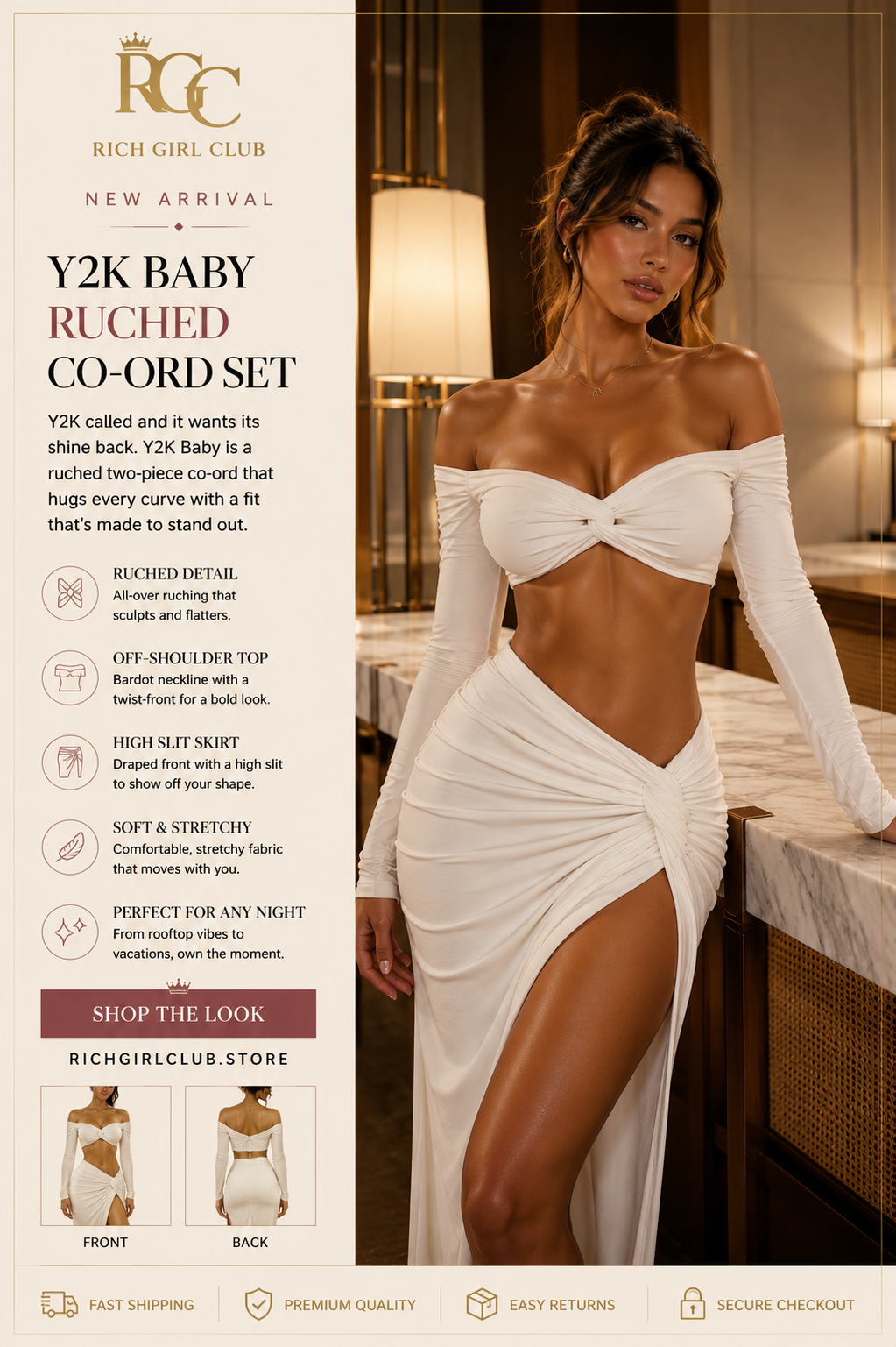 Y2K Baby Ruched Co-ord Set - New Arrival lifestyle ad photo, cream off-shoulder twist top and high-slit skirt