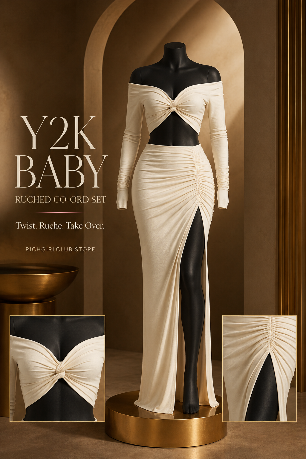 RGC mannequin detail campaign for Y2K Baby Ruched Co-ord Set showing cream off-shoulder twist-front crop top and ruched high-slit skirt